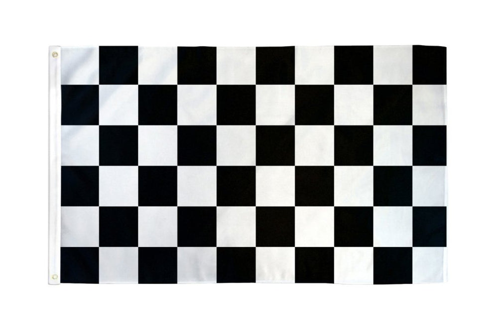 Checkered flag with black and white squares on a white background