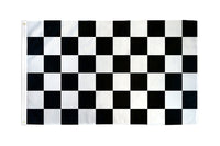Checkered flag with black and white squares on a white background